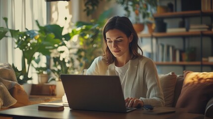 professional woman leading virtual team meeting via video conference call on laptop computer in modern home office environment