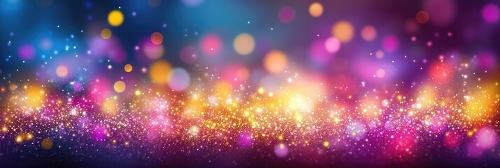 Obraz premium Abstract background with glowing particles and bokeh lights in blue, pink and purple colors, with gold glitter and sparkle design in holiday style, party invitation.