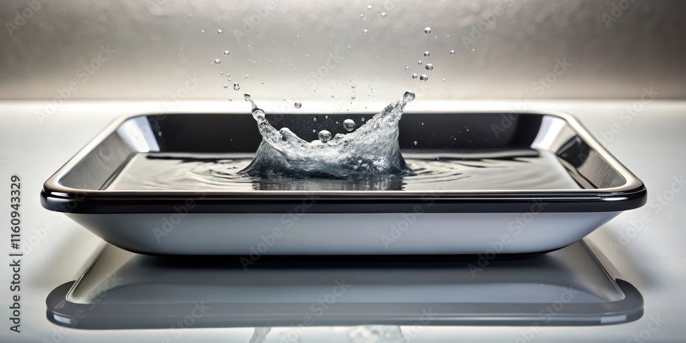 Poster a single water drop creates a dramatic splash in a shallow tray, leaving a fleeting moment of suspen