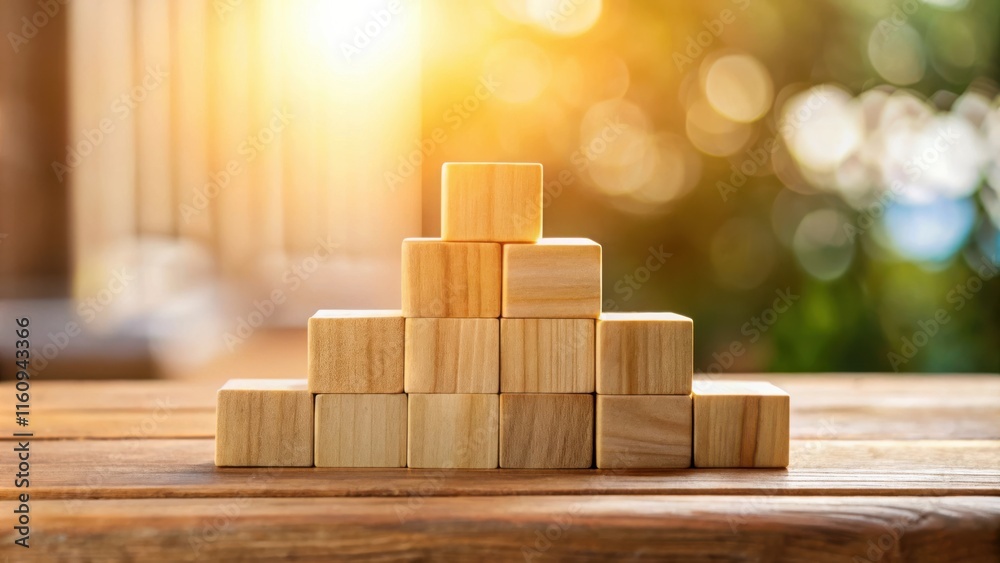 Aufkleber wooden blocks stacked in a pyramid on a wooden table with a blurred background of light and green