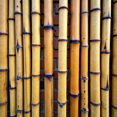 Row of woven bamboo sticks against a weathered brick wall, woven, row, tropical