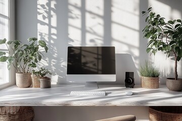 Fototapeta premium Cozy Home Office Workspace with Sunlight and Plants