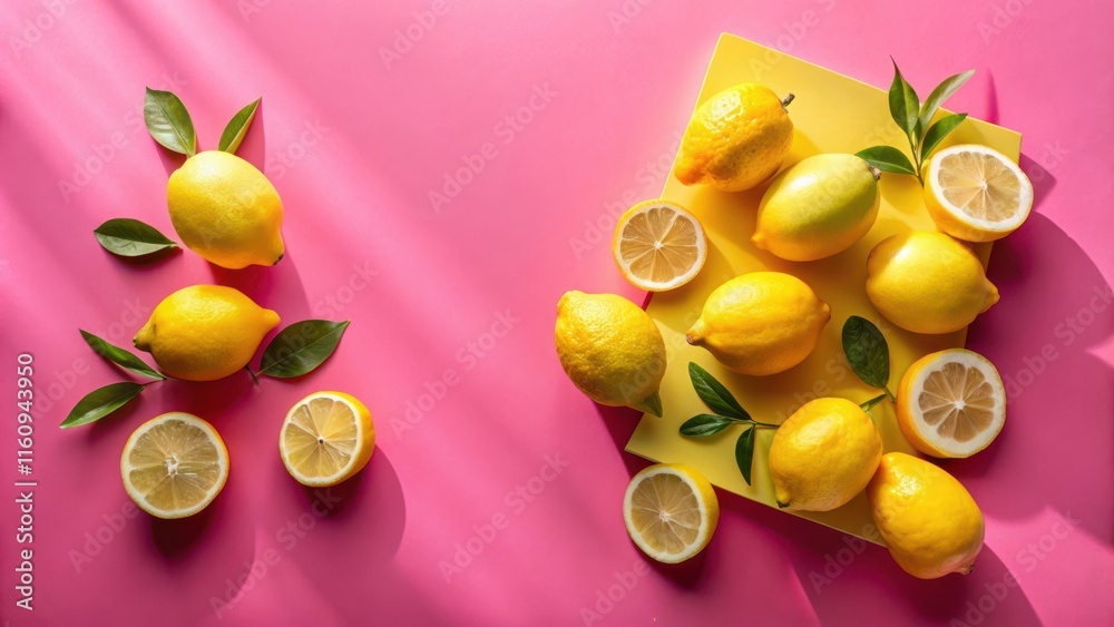 Poster a vibrant arrangement of fresh lemons and citrus slices on a pink and yellow surface, casting shadow