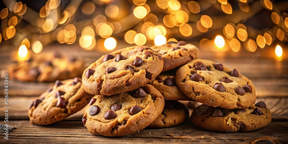 Poster golden-brown chocolate chip cookies arranged on a rustic wooden surface, bathed in the soft glow of 
