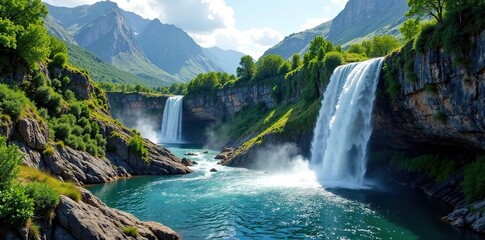 Fototapeta premium Waterfalls cascading down rocky cliffs into the river, Ural Mountains, Cliffs, Landscape