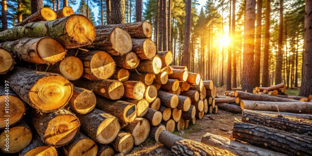 Poster a stack of freshly cut logs in a forest bathed in the warm glow of the setting sun.