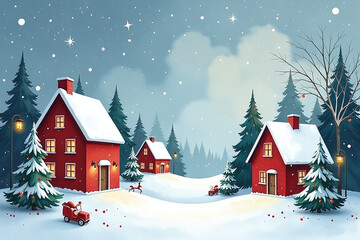 Fototapeta premium festive watercolor scene features houses trees lanterns cozy winter christmas