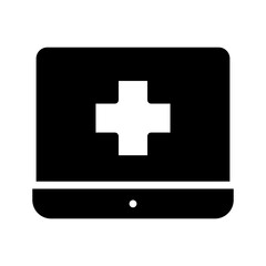 Medical cross symbol on laptop screen. Concept of online healthcare, telemedicine, and digital health.