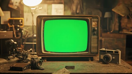 Vintage Television with Green Screen and Classic Cameras Surrounding