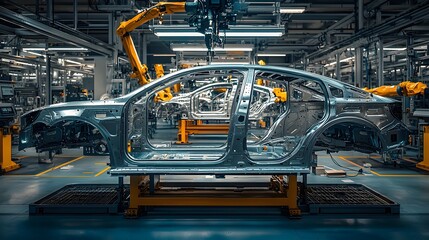 Automated robotic arms assembling car frames in an advanced automotive manufacturing facility with modern industrial machinery and precision engineering technologies
