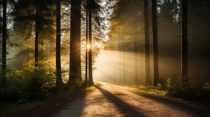 Obraz premium A serene forest landscape with sunlight filtering through the trees, golden hour lighting, space on the left for text,generative ai illustration