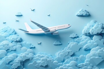 Fototapeta premium White Airplane Soaring Above Blue Paper Clouds