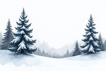 Fototapeta premium fir trees watercolors blended snowy white backdrop monochrome winter