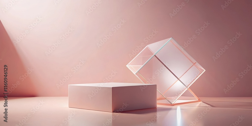 Aufkleber a minimal pink background with a geometric glass cube and a platform for product display