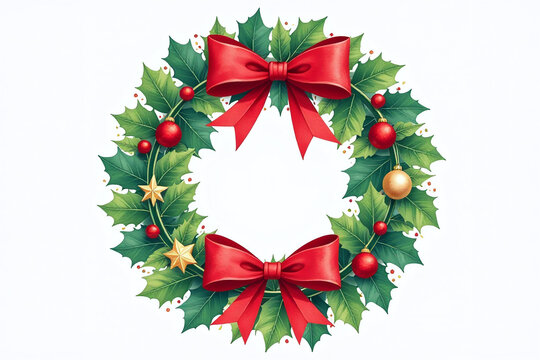 flat holiday wreath bow classic watercolor triadic color scheme design front view festive celebration