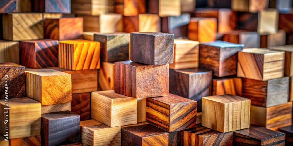 Aufkleber A close-up view of a collection of wooden blocks stacked in a seemingly random pattern, showcasing various shades of brown, creating a visually appealing abstract composition.