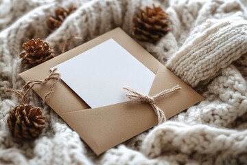 Crafted envelope with blank note placed on a cozy knitted blanket and decorated with pine cones in a warm indoor setting