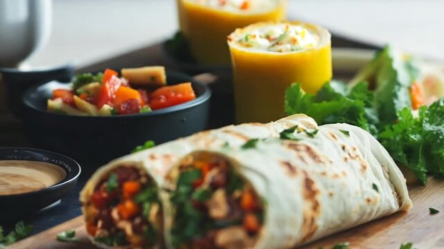 A vibrant vegetable wrap loaded with roasted ingredients, creamy dressing, and fresh herbs, served on a wooden board for a nutritious and flavorful meal