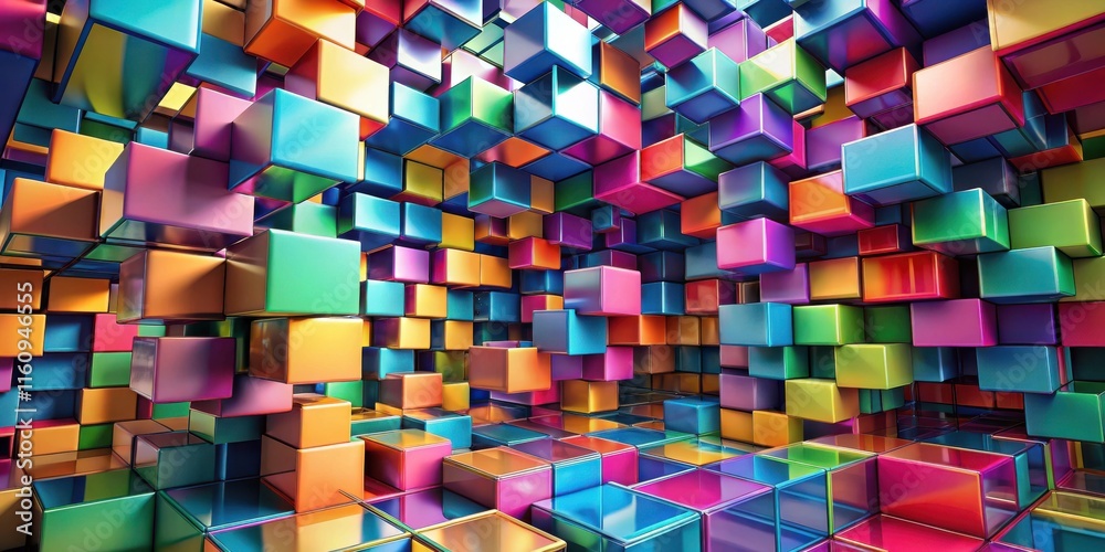 Leinwandbilder A colorful abstract background of shiny cubes stacked in a random pattern, creating a visually stimulating and dynamic composition.