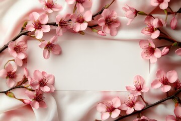 Obraz premium Delicate pink cherry blossom flowers framing a blank greeting card on soft fabric