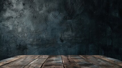 Rustic wood table, dark textured wall.