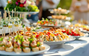 Elevated sophisticated catering poster. Lavish table is covered with variety of premium food, including gourmet meat, fish, vegetables, fruit, bespoke appetizers on blurred background, defocused.