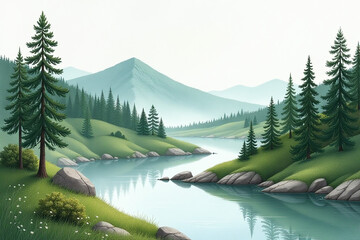 forest hills serene river watercolor landscape