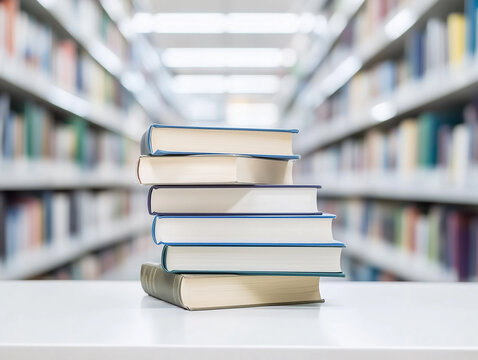 Stacked books on a table in a library surrounded by colorful shelves filled with literature