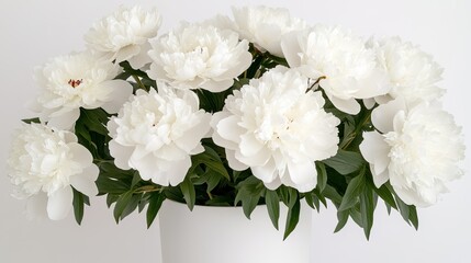 Close-up view of a stunning bouquet featuring fresh white peonies on a soft, light background, highlighting their delicate petals and lush greens