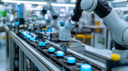 Robotic arms working on an automated automotive assembly line in a futuristic high tech manufacturing facility performing precise tasks and processes with efficiency and speed