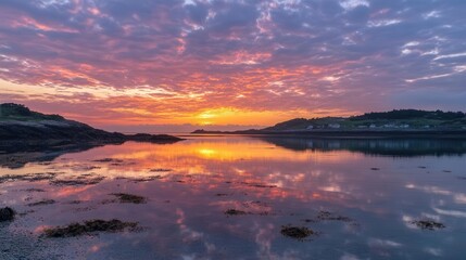 Fototapeta premium serene coastal sunrise landscape with vibrant sky reflecting in calm ocean waters, creating natural abstract pattern of colors and light