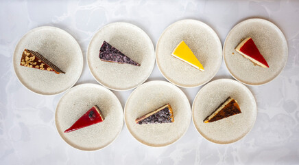 Close-up of homemade mug cakes with protein topping. Tek kisilik, adet yas pasta. Red velvet, Profiterol, meyveli, krokanli, frambuazli,  cikolatali yas pasta. Dogum gunu pastasi. Cilekli, frambuazli.