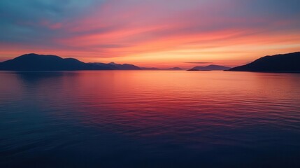 Fototapeta premium serene coastal sunrise landscape with vibrant sky reflecting in calm ocean waters, creating natural abstract pattern of colors and light