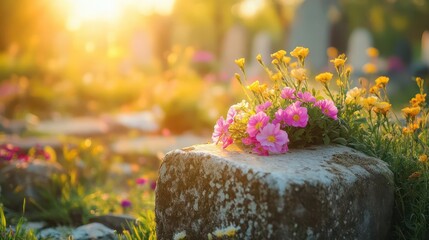 serene memorial garden scene beautiful fresh spring flowers resting on ancient stone grave marker with soft morning light and peaceful cemetery background
