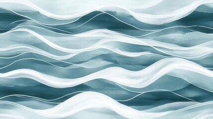 serene ocean waves pattern with hand-painted watercolor textures and flowing white lines creating dynamic movement for modern interior design