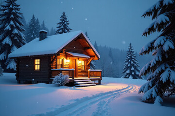 Fototapeta premium glistening snowflakes fall gently serene winter cabin scene amidst peaceful snowy