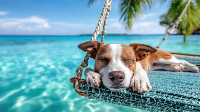 Sleepy Pup on Book and Tropical Hammock - Ultimate Island Getaway