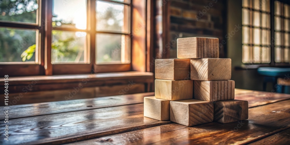 Fototapete a stack of wooden blocks on a rustic table with a window in the background
