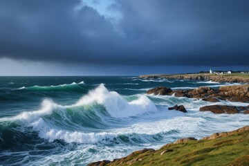 stormy skies over the ocean and a lighthouse on a rocky shore