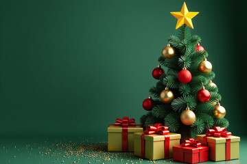 gold red balls adorn christmas tree yellow star surrounded green golden gift