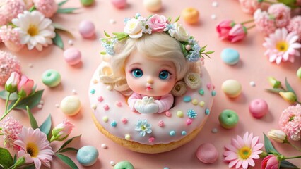 Fototapeta premium A small porcelain doll with a delicate flower crown sits in the center of a pink and white donut, surrounded by pastel macarons and blossoms on a soft pink background.