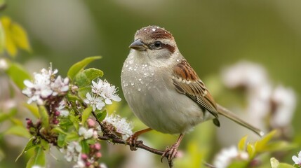 small garden bird in natural setting with morning dew and delicate spring blossoms creating peaceful wildlife photography scene