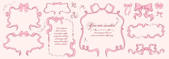 Set of hand drawn pink ribbon frames in vintage style. Trendy coquette decoration elements, ribbons, bows for romantic designs, wedding invitations, cards greeting cards, valentine postcards etc.