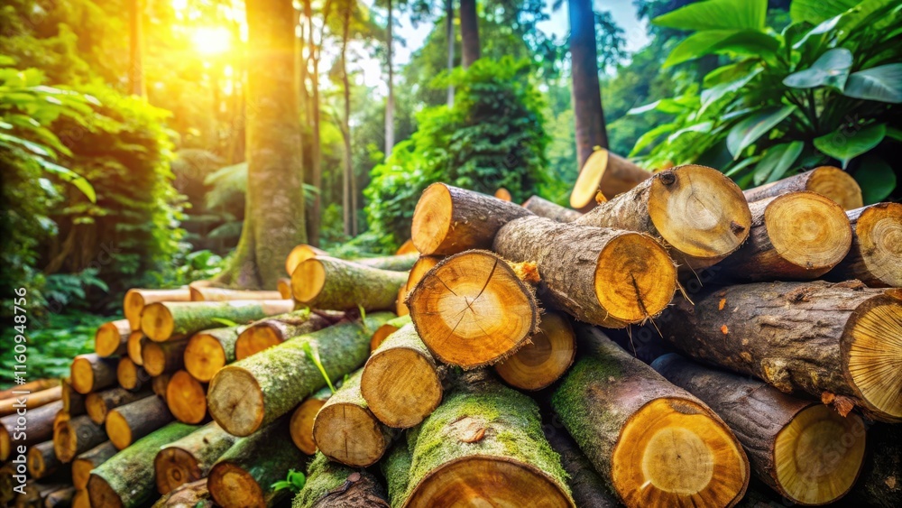 Aufkleber a pile of freshly cut logs sits in a lush green forest with sunlight streaming through the trees, of