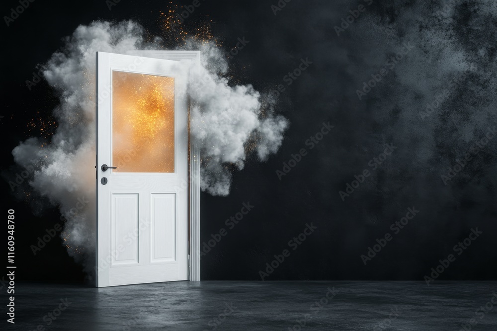 Poster a bold and simple line drawing of a door opening to reveal a burst of light and abstract shapes, rep