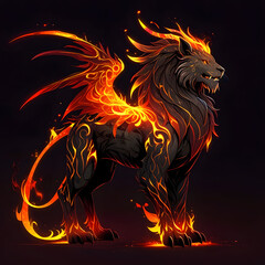 Mythical fire lion creature fantasy realm digital art dark background bold concept for visual impact