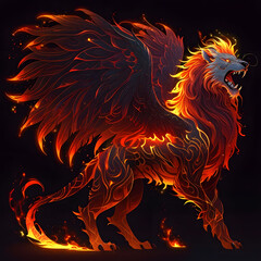 Majestic griffin roaring in flames fantasy world digital art dark background dynamic scene mythical creature