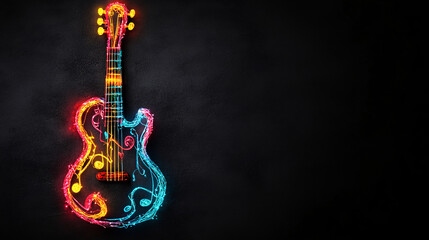 vibrant electric guitar with colorful neon lights and musical notes, set against dark background, creates lively and artistic atmosphere