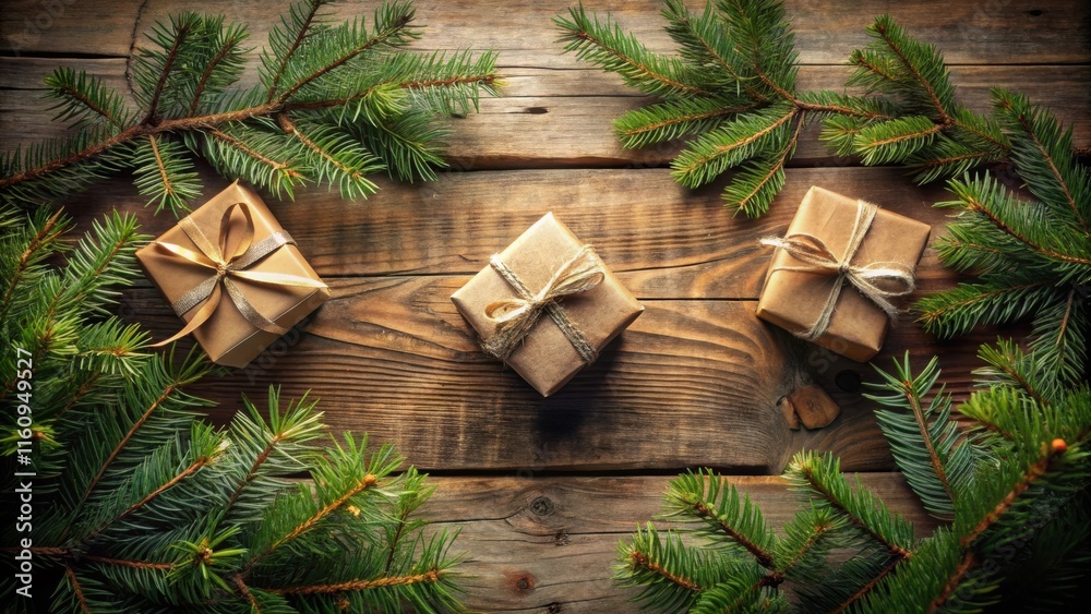 Aufkleber wrapped gifts adorned with twine and ribbon surrounded by evergreen branches on rustic wooden surfac