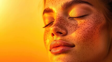 Fototapeta premium Close-up beauty portrait of a woman with freckles and vibrant makeup.